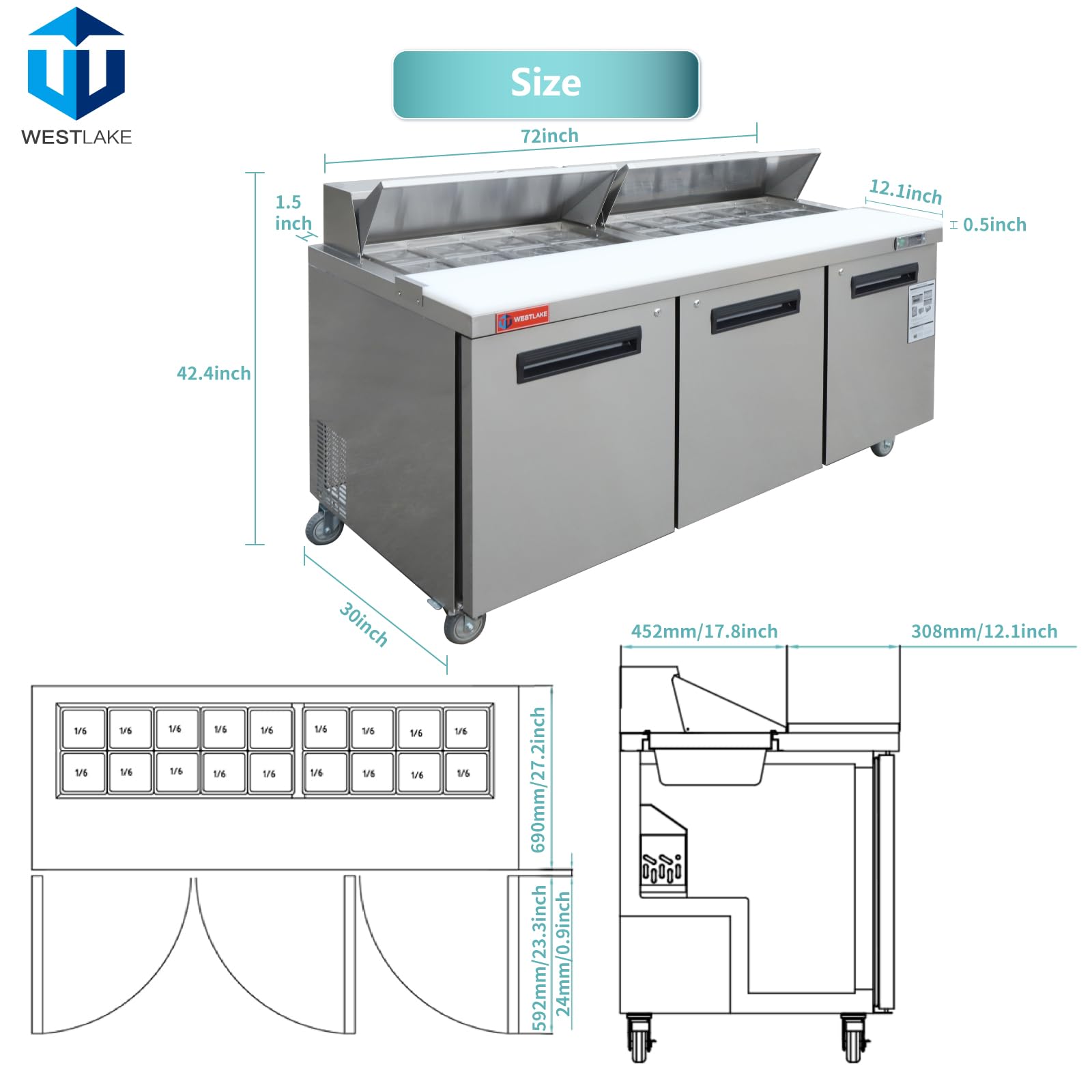 WESTLAKE 72" W 3 Door Refrigerator Sandwich&Salad Prep Table Commercial Stainless Steel Counter Fan Cooling Refrigerator with 18 pans-72 Inches for Restaurant, Bar, Shop, etc