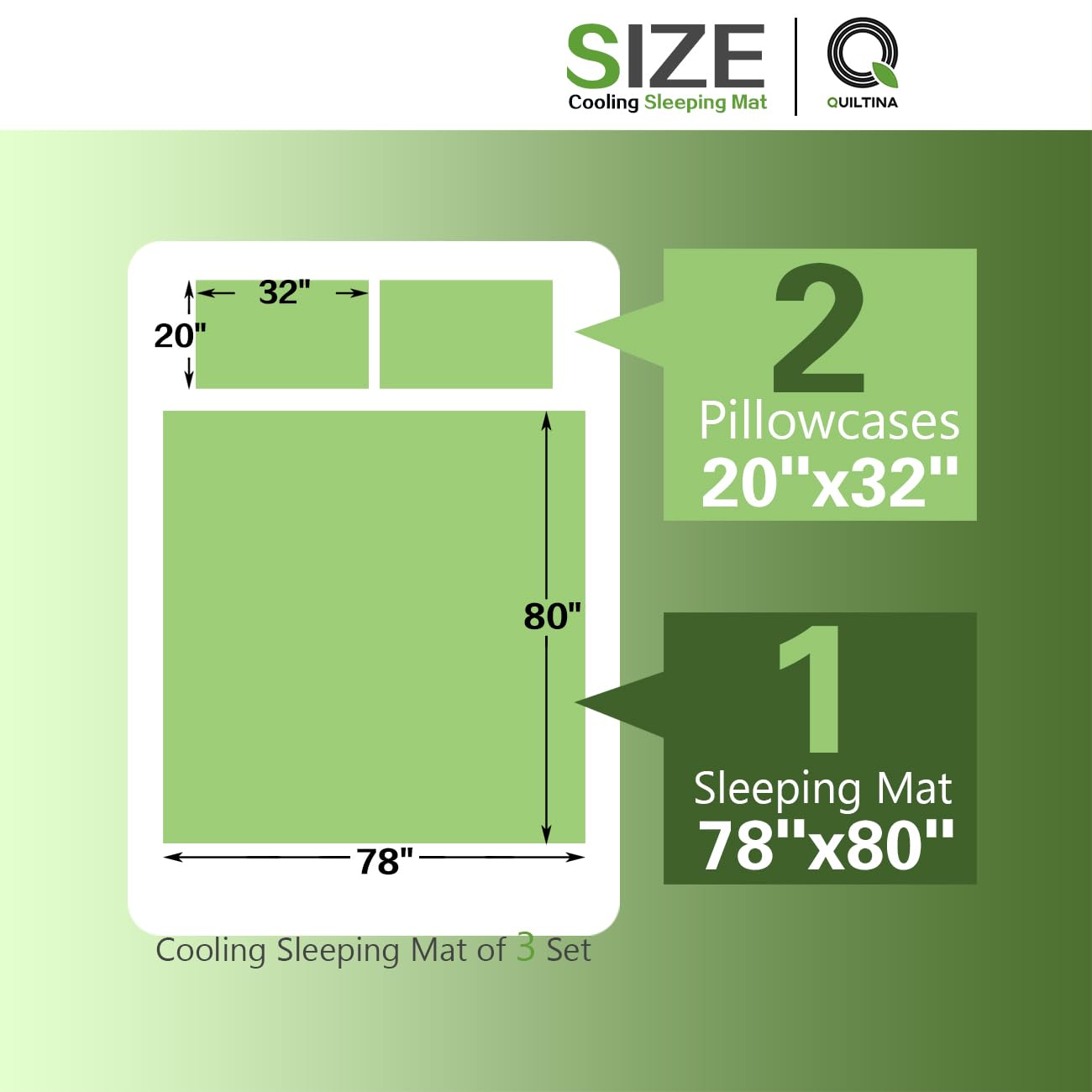 QUILTINA Cooling Sleeping Mat Set with 2 Pillowcases, Good Heat Conduction Mattress Topper Pad for Summer Hot Sleepers, Comfort Soft Nonslip Matting Cover for All Seasons, Green, King 78x80 in