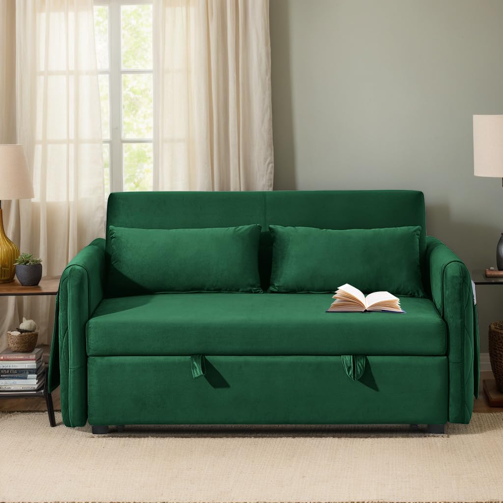 Mofolit Convertible Loveseat Modern Sleeper Sofa Bed, 3-in-1 Adjustable Sleeper Sofa Couch w/Pull-Out Bed, Pillows & Side Pocket & Velvet for Living Room,Apartment,Small Space 55.5“ (Green)