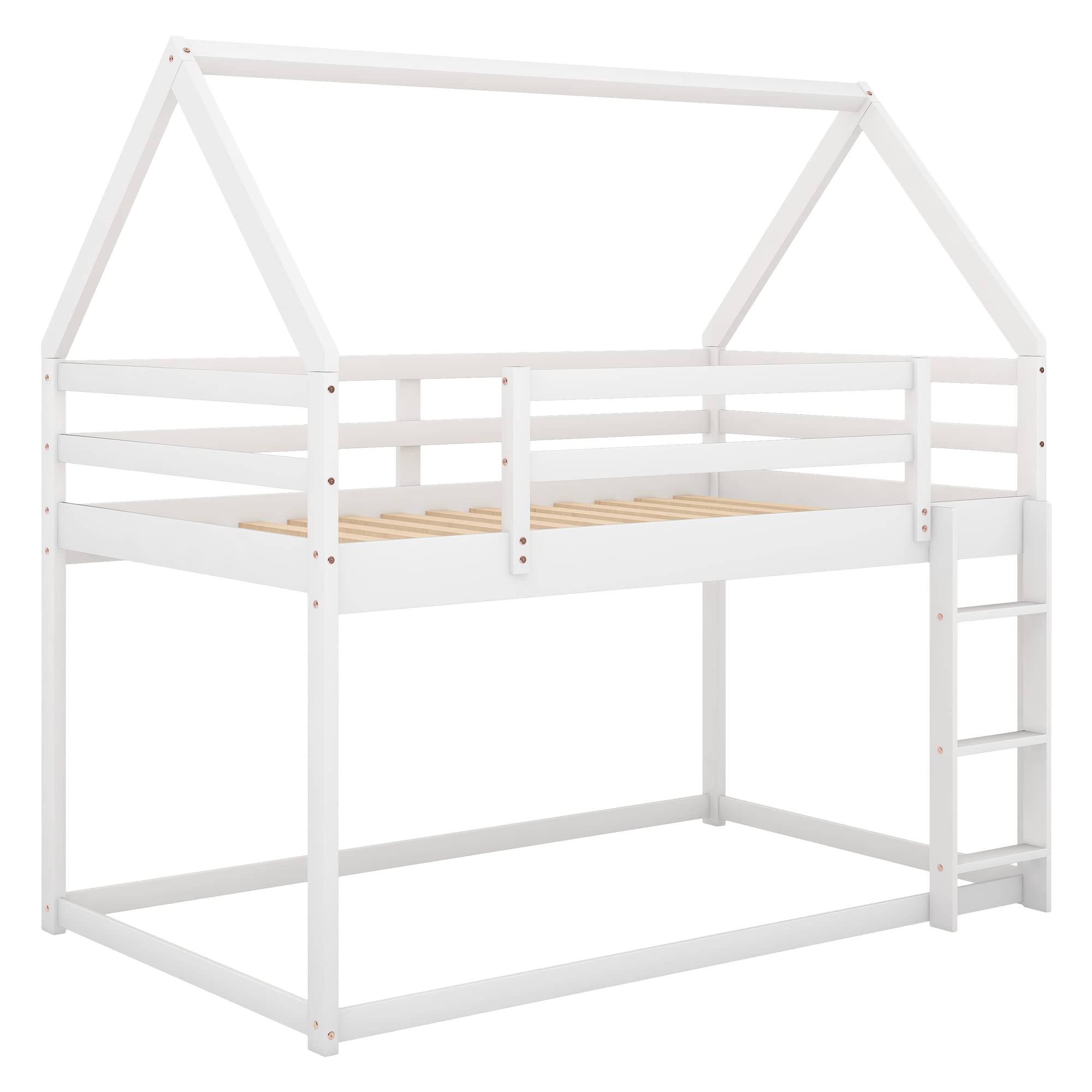 Twin Over Twin House Bunk Bed, Wood Montessori Floor Bunk Bed Frame with Ladder, Low Bunk Beds with Roof for Kids, Teens, Girls, Boys, White