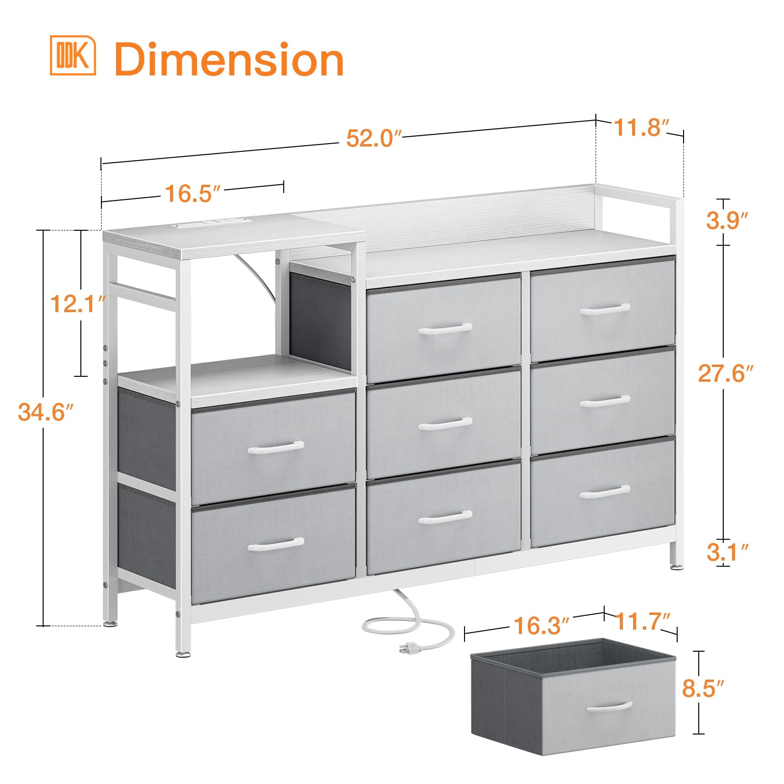 ODK Dresser with Charging Station, 52-Inch Long Dresser for Bedroom with 8 Storage Drawers, Fabric Dressers Chests of Drawers with Sturdy Steel Frame and Wooden Top, White and Light Grey