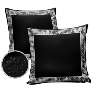 Funy Decor Waterproof Outdoor Throw Pillow Cover Geometric Greek Key Design Lumbar Pillowcases Set of 2 Black Decorative Patio Furniture Pillows for Couch Garden 18x18 inch