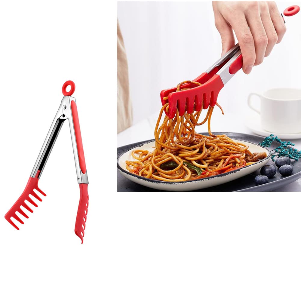 Red Stainless Steel Pasta Tong, Large 9" Stainless Steel Spaghetti Tongs, Comfortable Grip Design Pasta Server Utensil for Noodles Kitchen Cooking Baking Tools