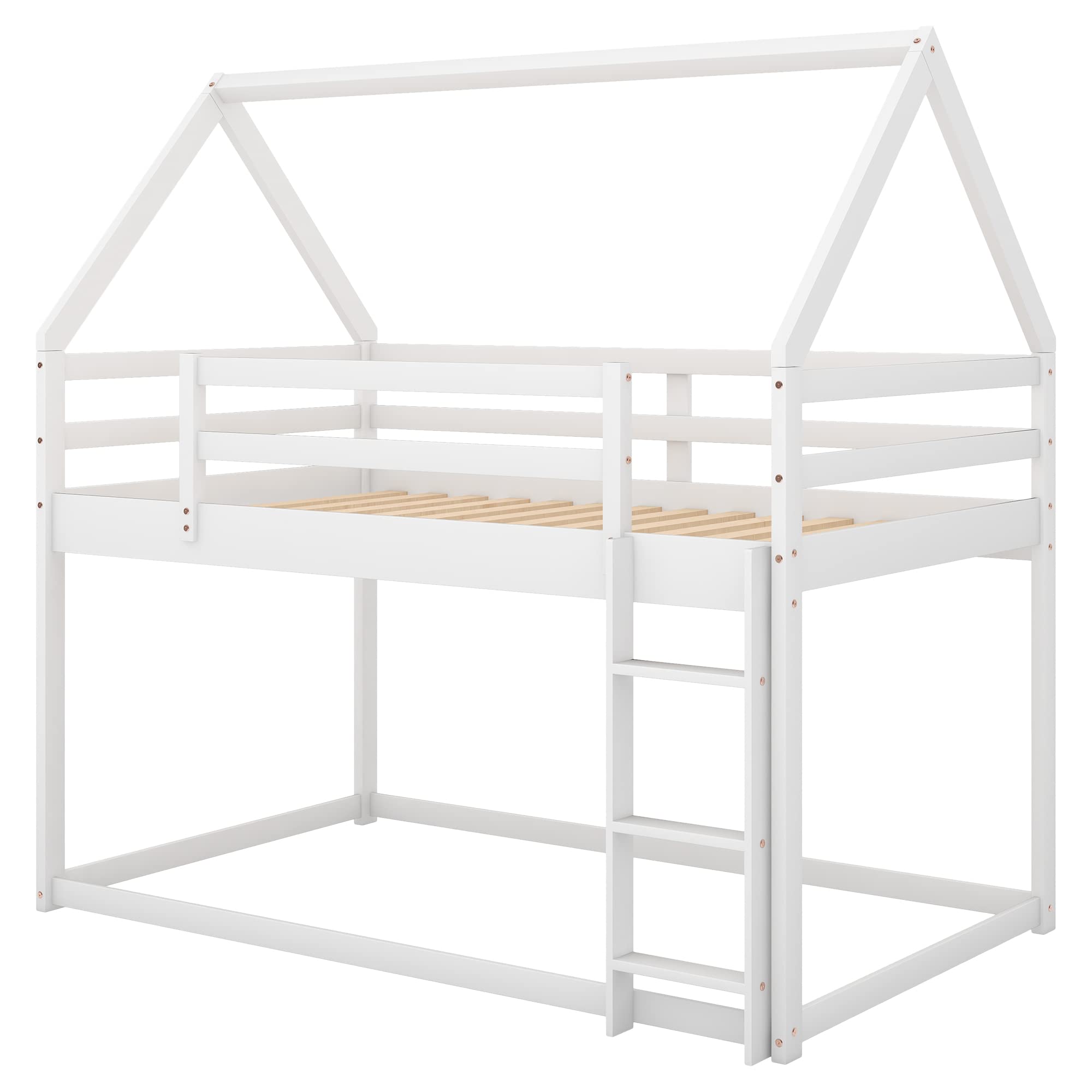 Twin Over Twin House Bunk Bed, Wood Montessori Floor Bunk Bed Frame with Ladder, Low Bunk Beds with Roof for Kids, Teens, Girls, Boys, White