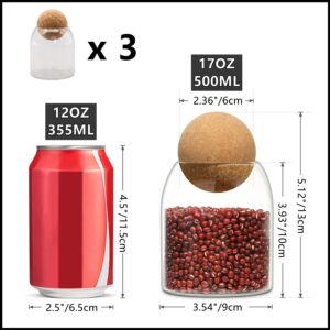 RHBLME 3 Pack Glass Storage Containers with Ball Cork, 17 Oz/500ML Glass Jar with Cork Lid, Round Cork Glass Bottle, Small Candy Jar with Wood Ball Lid for Food, Coffee, Sugar, Spice, Tea, etc