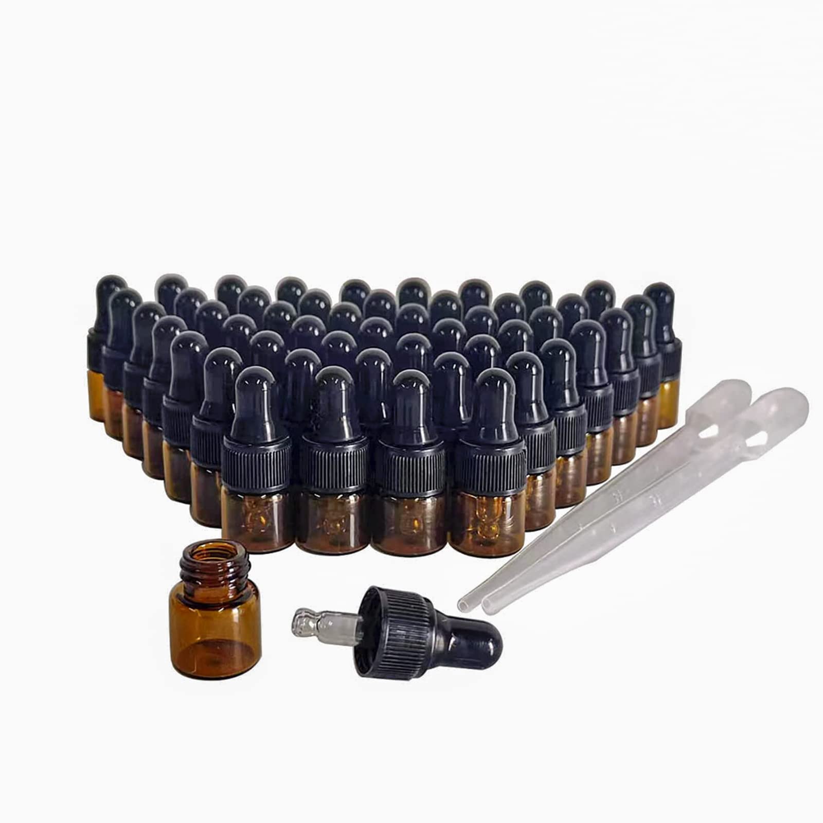 BEGIKET 50 Pack Amber Glass Mini Dropper Bottles,1ML Amber Essential Oil Dropper Bottle for Travel Test Sample Perfume (1ML)