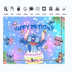 Stitch 1st Birthday Decorations Banner for Boy 5x3ft Happy Birthday Lilo and Sticth BackdropVinyl Pink Angel and Stitch First Birthday Background for Party Supplies