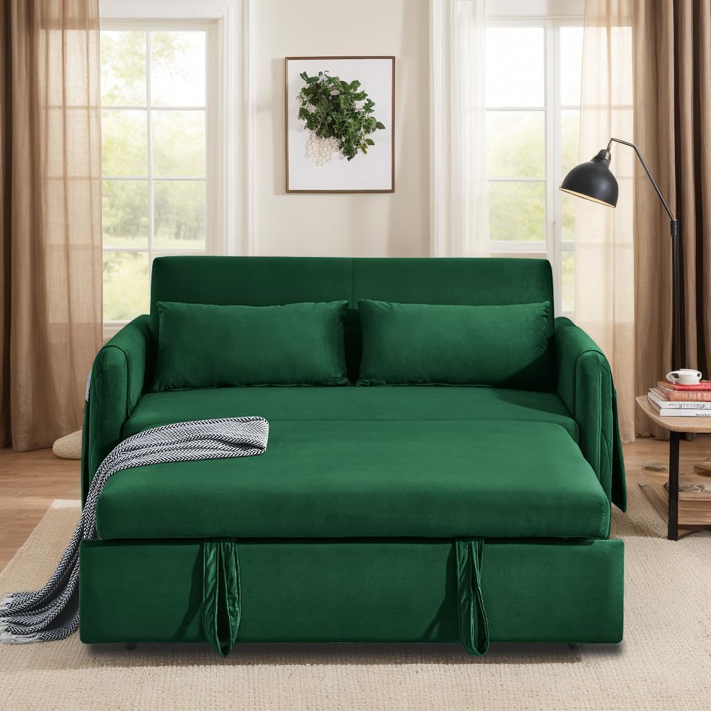 Mofolit Convertible Loveseat Modern Sleeper Sofa Bed, 3-in-1 Adjustable Sleeper Sofa Couch w/Pull-Out Bed, Pillows & Side Pocket & Velvet for Living Room,Apartment,Small Space 55.5“ (Green)