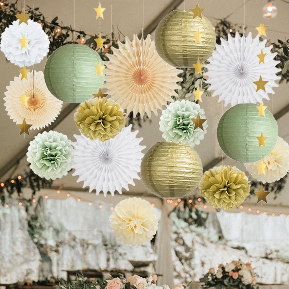 Sage Green Party Decorations Baby Shower Sage Green and Gold Party Decorations White Fans Tissue Paper Pom Poms Sage Birthday Wedding Engagement Bridal Shower Bachelorette Party Decorations