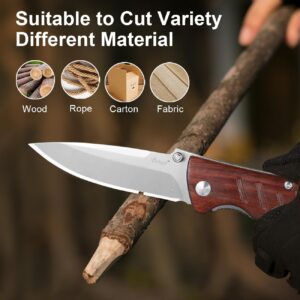 Vickay Pocket Knife for Men, Folding Knives 8Cr13MoV 2.95" Steel Blade, Wood Handle, Line Lock Knife with Clip, EDC Knife Ideal for Outdoor Camping, Fishing, Hunting, Tactical Gift (Brown)