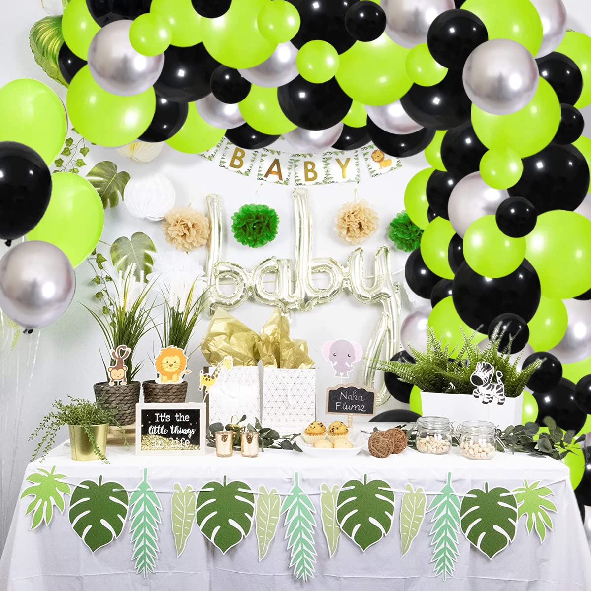 Lime Green, Metallic Silver, Black Balloons Set - 117PCS Fruit Lime Green Balloons Garland Video Game Party for Boy Men Video Gaming Tropical Safari Birthday Graduation Halloween Party Decorations