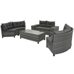 YSWH 8-Piece Half Moon Outdoor Sectional Furniture Cushioned Sofa Set, All-Weather PE Wicker Patio Curved Conversation Sets with Rectangular Coffee Table and Side Tables