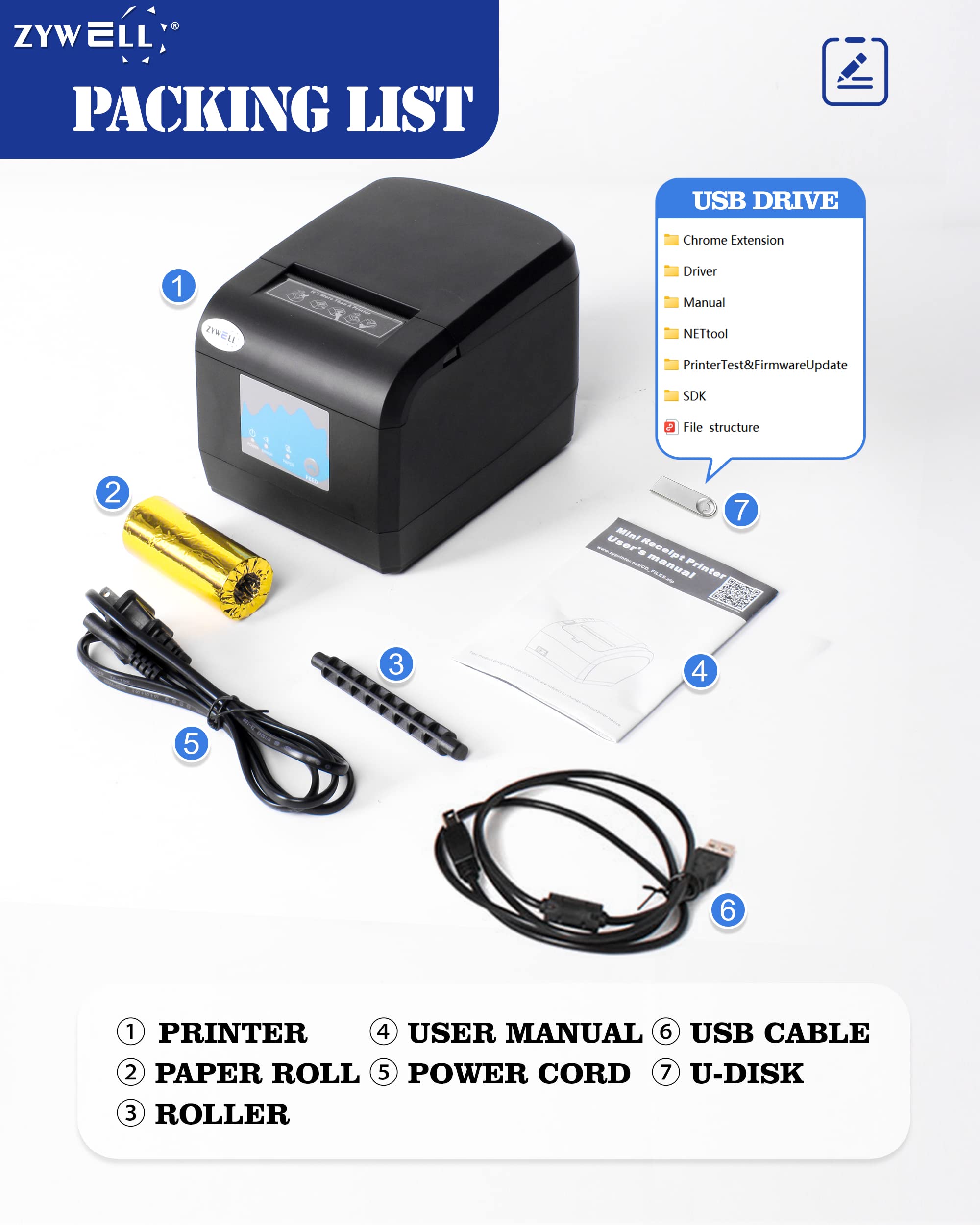 ZYWELL Thermal Receipt Printer, ZY908 Pos Printer, 80mm Direct Thermal, USB Ethernet Port, Support Windows/Mac/Android,No Square