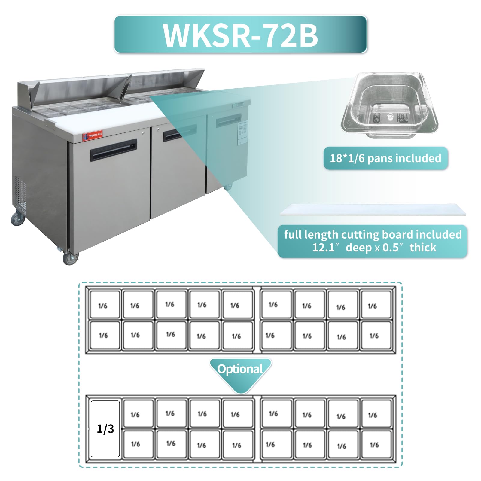 WESTLAKE 72" W 3 Door Refrigerator Sandwich&Salad Prep Table Commercial Stainless Steel Counter Fan Cooling Refrigerator with 18 pans-72 Inches for Restaurant, Bar, Shop, etc