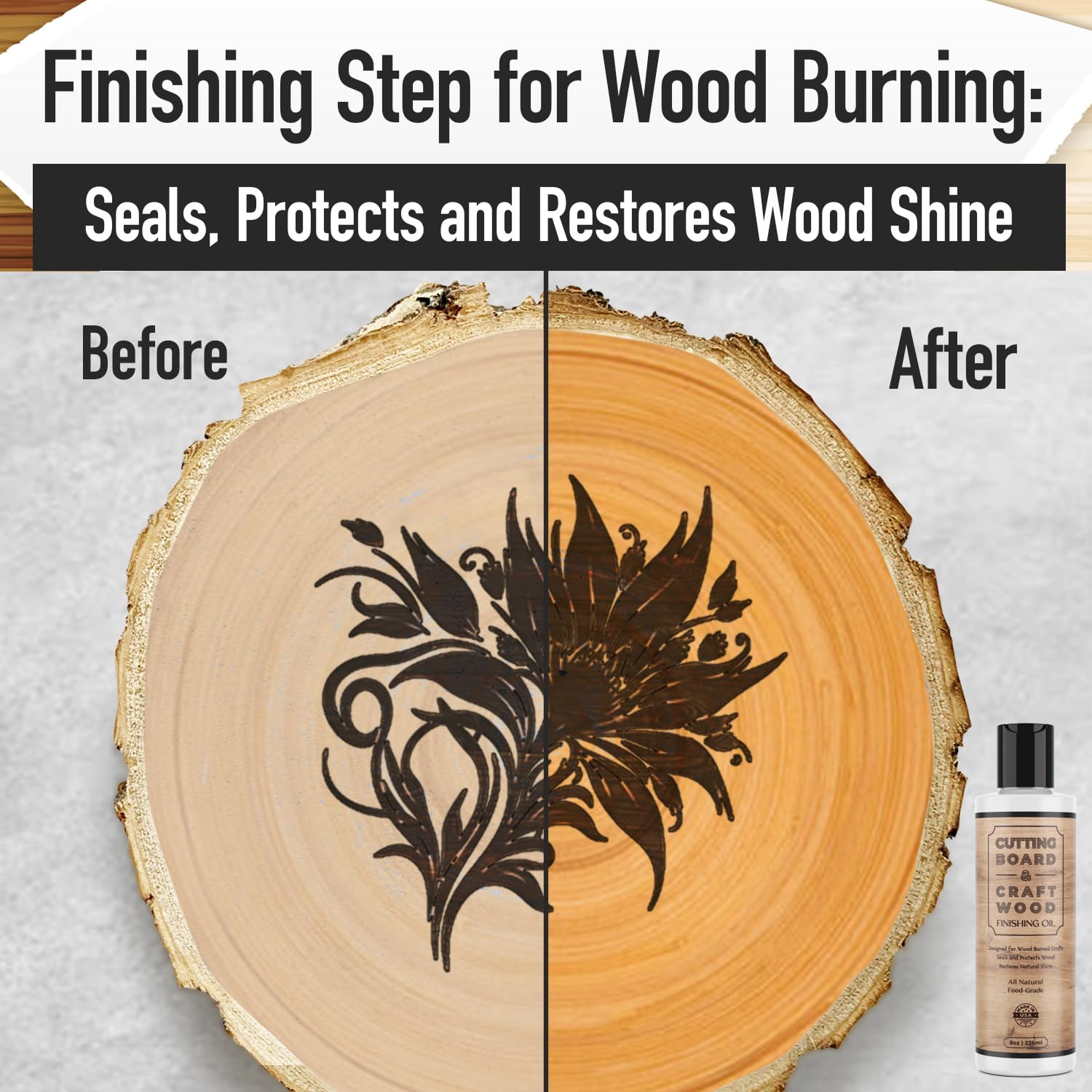 Craft Wood Finishing Oil + Conditioner - 8oz Food-Safe Wood Oil With Citrus Scent - Made in USA - Natural Mineral Oil for Cutting Board, Butcher Block, Kitchen Utensils - Oil + Seal Wood Burned Crafts