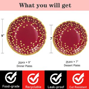 50 Pcs Burgundy and Gold Party Supplies,Gold Dot Party Tableware Set 9"&7"Burgundy Paper Plates Gold Dot Plates,Burgundy and Gold Party Decorations for Birthday Wedding Anniversary Graduation Decor