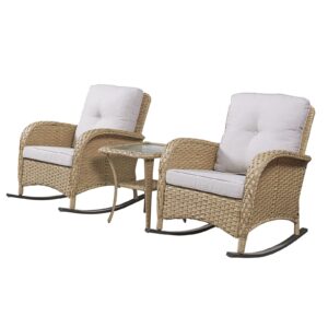 HUMMUH Patio Wicker Rocking Chairs Set of 2 Rattan Outdoor Rocking Chairs for Front Porch Garden Backyard Lawn Balcony Weather Rocker Chair with Side Table