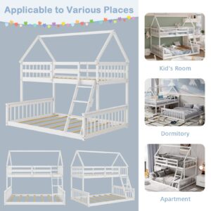 Giantex Wood Twin Over Full Bunk Bed, Solid Wood House Bed Frame Built in Ladder & Safety Guardrails, Convertible to 2 Beds, Floor Bunk Bed for Kids Teens Juniors, No Box Spring Needed, White