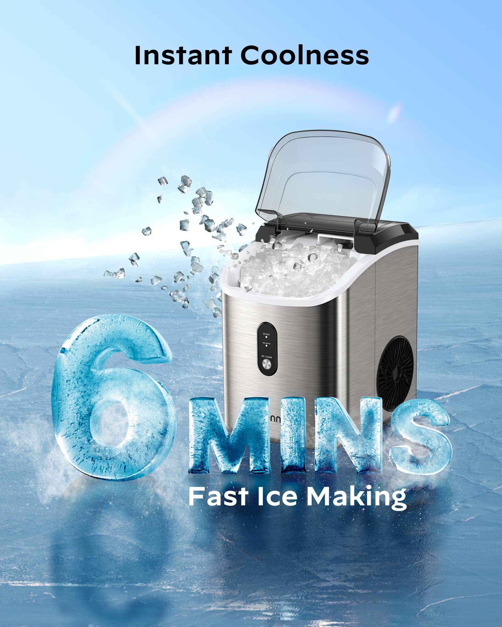 Nugget Countertop Ice Maker - Silonn Chewable Pellet Ice Machine with Self-Cleaning Function, 33lbs/24H, Sonic Ice Makers for Home Kitchen Office, Stainless Steel