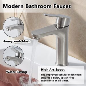 VAPSINT Brushed Nickel Bathroom Faucets, Single Hole Single Handle Bathroom Sink Faucet, Commercial Stainless Steel 1 Hole Bathroom Vanity RV Sink Faucet with Water Supply Lines