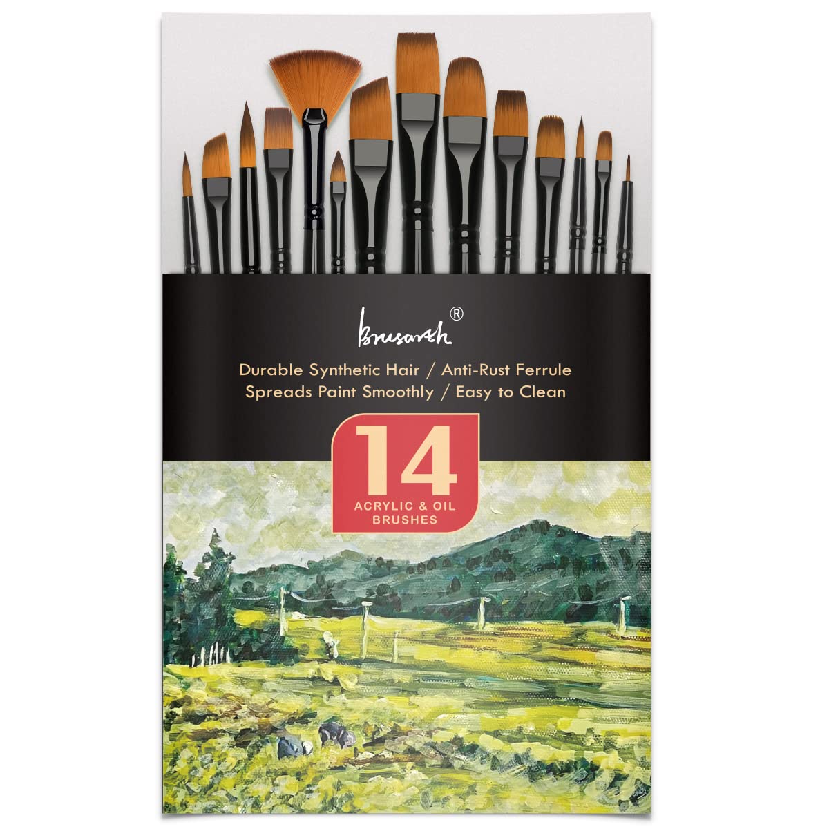 Brusarth Paint Brushes Set, 14 PCS Artist Brush for Acrylic Oil Watercolor Gouache Artist Professional Painting Kits with Synthetic Nylon Tips