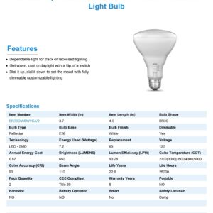 Feit Electric BR30 LED Light Bulb, 65W Equivalent, Dimmable, Color Selectable 6-Way, E26 Medium Base, 90 CRI, 650 Lumens, Damp Rated Recessed Lighting Bulb, 22-Year Lifetime, BR30DM/6WYCA/2, 2 Pack