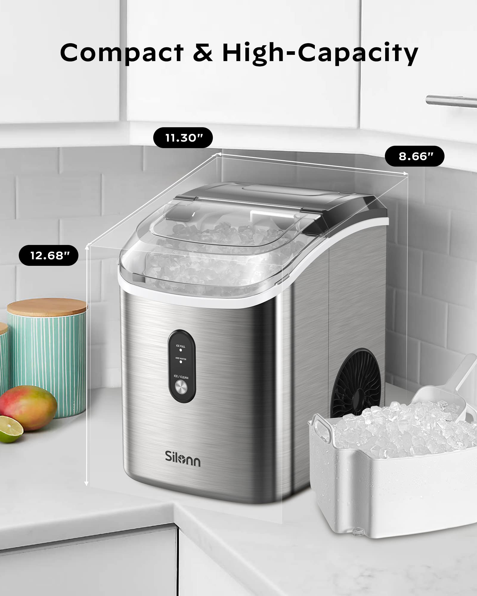 Nugget Countertop Ice Maker - Silonn Chewable Pellet Ice Machine with Self-Cleaning Function, 33lbs/24H, Sonic Ice Makers for Home Kitchen Office, Stainless Steel