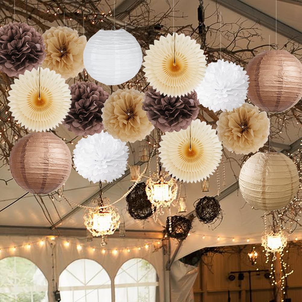 Cream Tan Brown Party Decorations Rustic Paper Fans Lanterns Pom Poms Boho Brown and Beige Neutral Party Decorations for Brown Birthday Decorations Baby Shower Bridal Shower Engagement Wedding