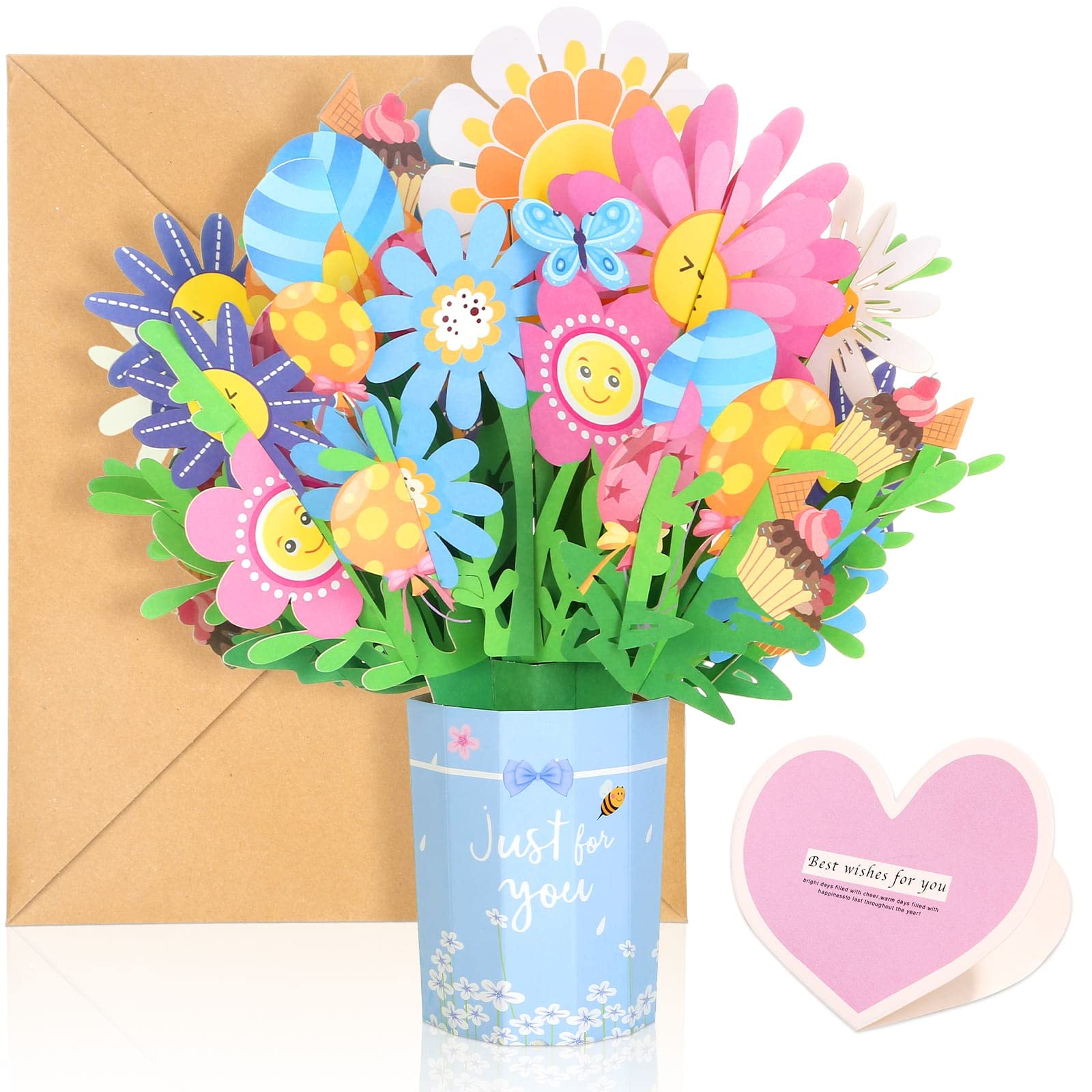 shynek Mother's Day Bouquet Pop Up Cards from Daughter and Son, 3D Flower Card Kids First Mothers Day Greeting Card Mom Birthday Card Women All Occasion Card Envelope and Blank Note Tag