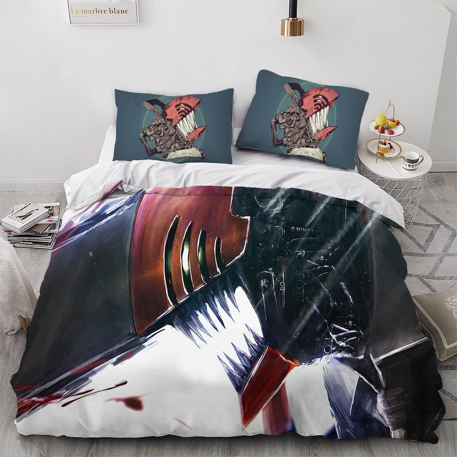 MARRKT Chainsaw Demon Anime Denji Duvet Cover Set, 100% Microfiber Bedding Sets, 3 Pieces Ultra Soft Skin-Friendly Comforter Cover Set (1 DuvetCover+2 Pillowcase) (02,Queen 90x90inch)