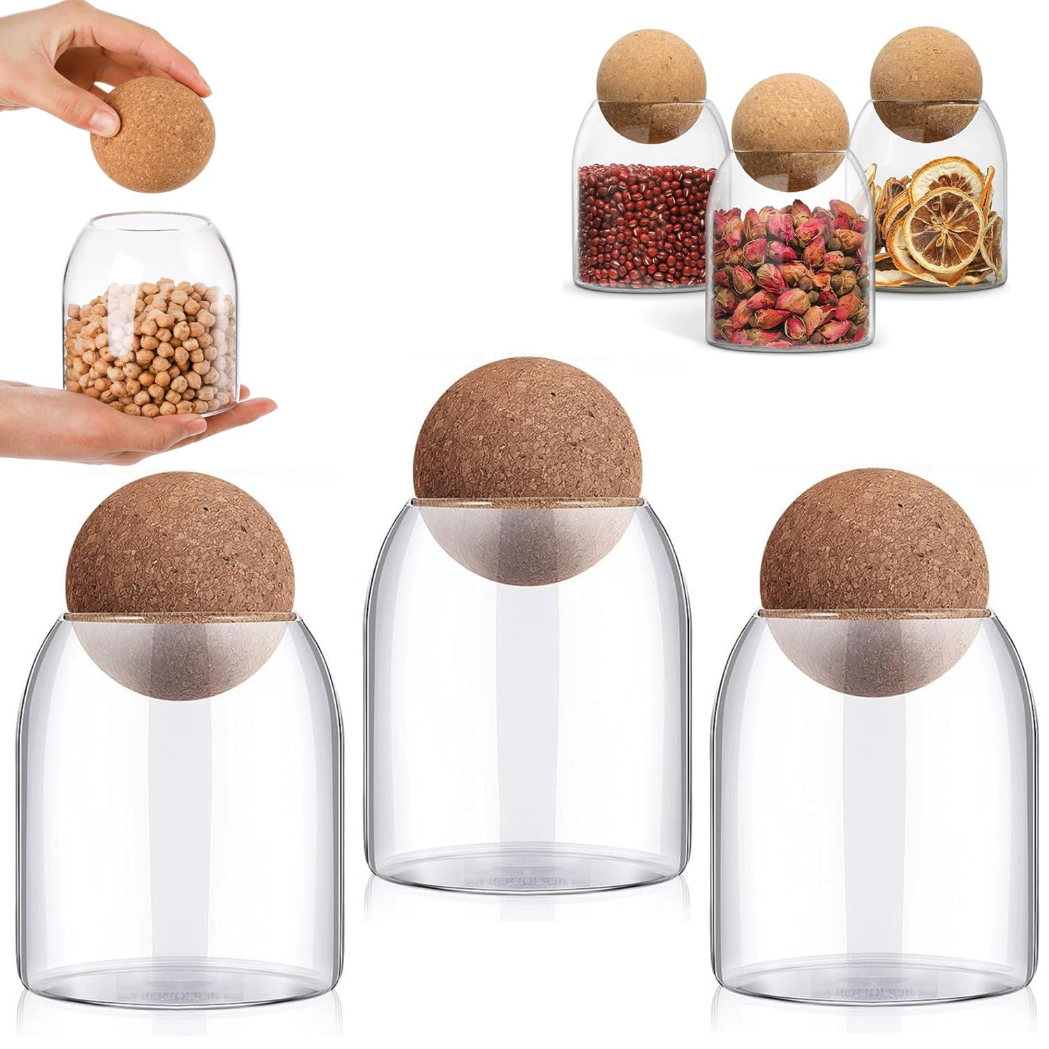 RHBLME 3 Pack Glass Storage Containers with Ball Cork, 17 Oz/500ML Glass Jar with Cork Lid, Round Cork Glass Bottle, Small Candy Jar with Wood Ball Lid for Food, Coffee, Sugar, Spice, Tea, etc