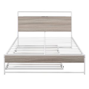 Harper & Bright Designs Full Platform Bed with Trundle and USB Ports, Metal Full Bed Frame with Storage Headboard and Steel Slat Support, for Bedroom and Guest Room (Full Size, White)