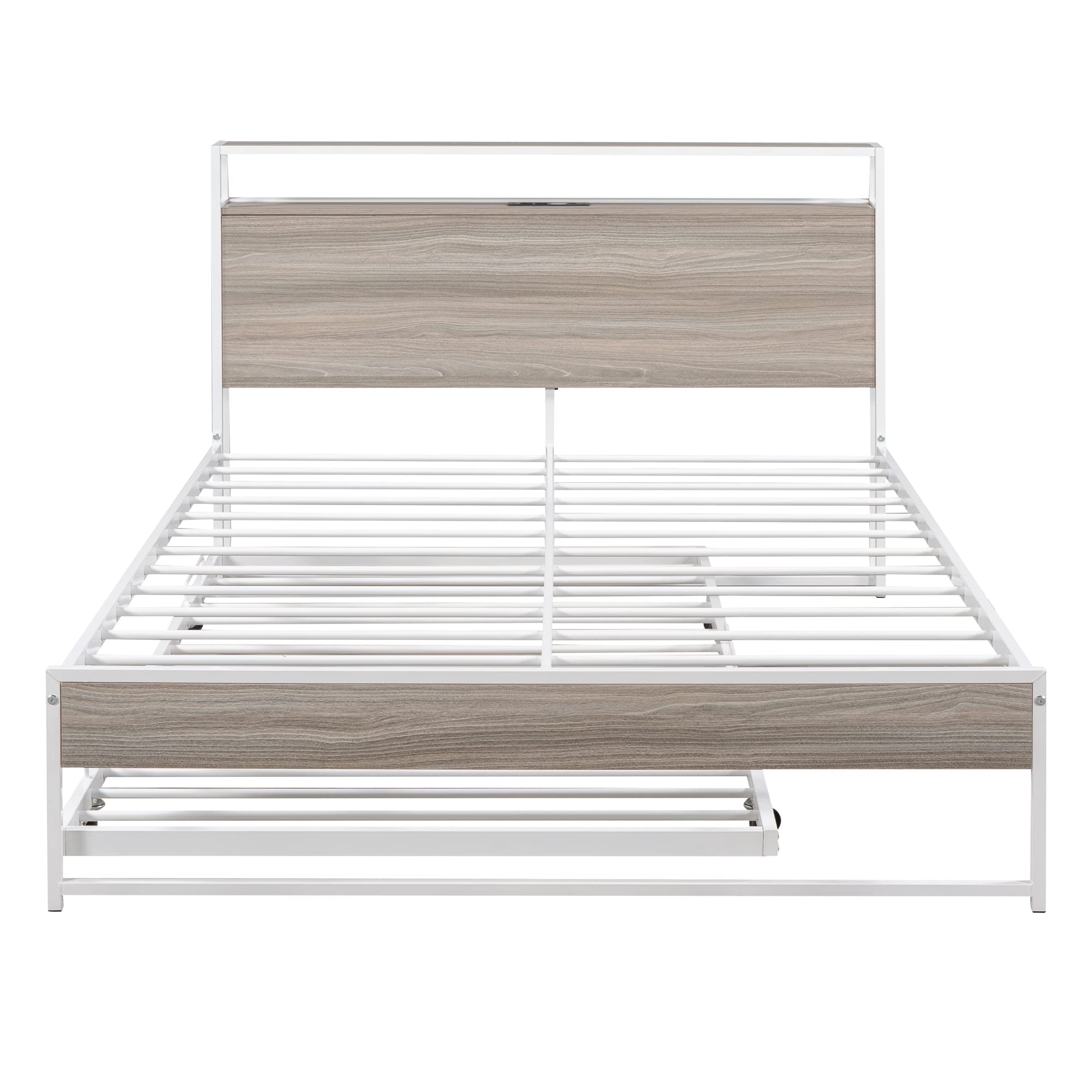 Harper & Bright Designs Full Platform Bed with Trundle and USB Ports, Metal Full Bed Frame with Storage Headboard and Steel Slat Support, for Bedroom and Guest Room (Full Size, White)