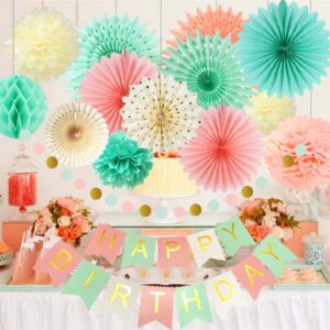 Mint Peach Birthday Party Decorations Mint Green Cream Pink Paper Fans Happy Birthday Banner Circle Dot Garland Baby Shower Bridal Shower Women Grils Mint Birthday Party Decorations