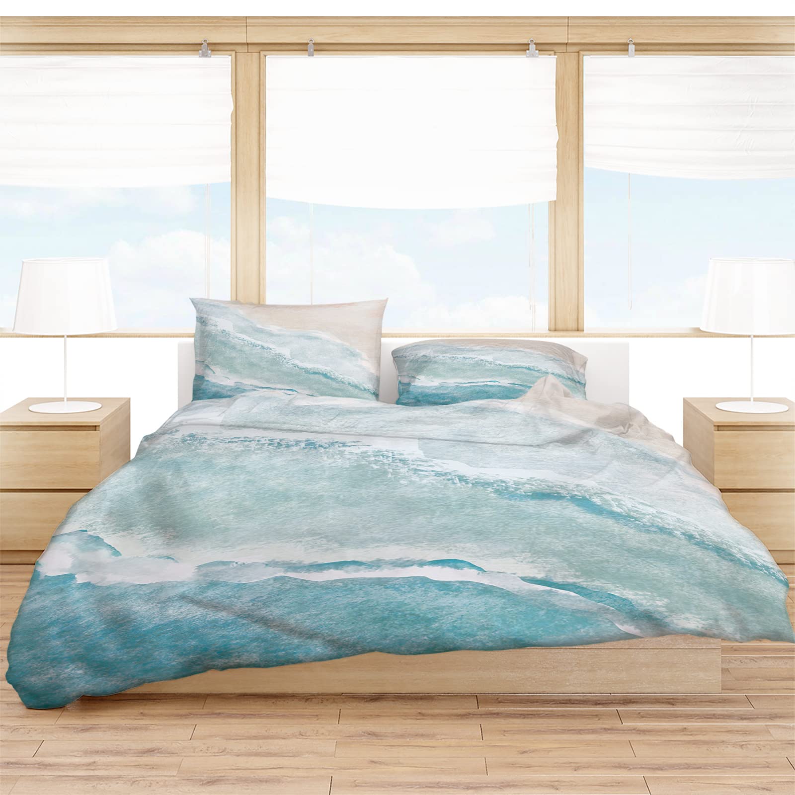 Queen Duvet Cover Set - Summer Beach 4 Pcs Comforter Cover Set, Aqua Sea Waves Coastal Bedding Sets with Zipper Closure, Ocean Nautical Seaside Microfiber Bed Sheet Soft Quilt Cover 2 Pillow Shams