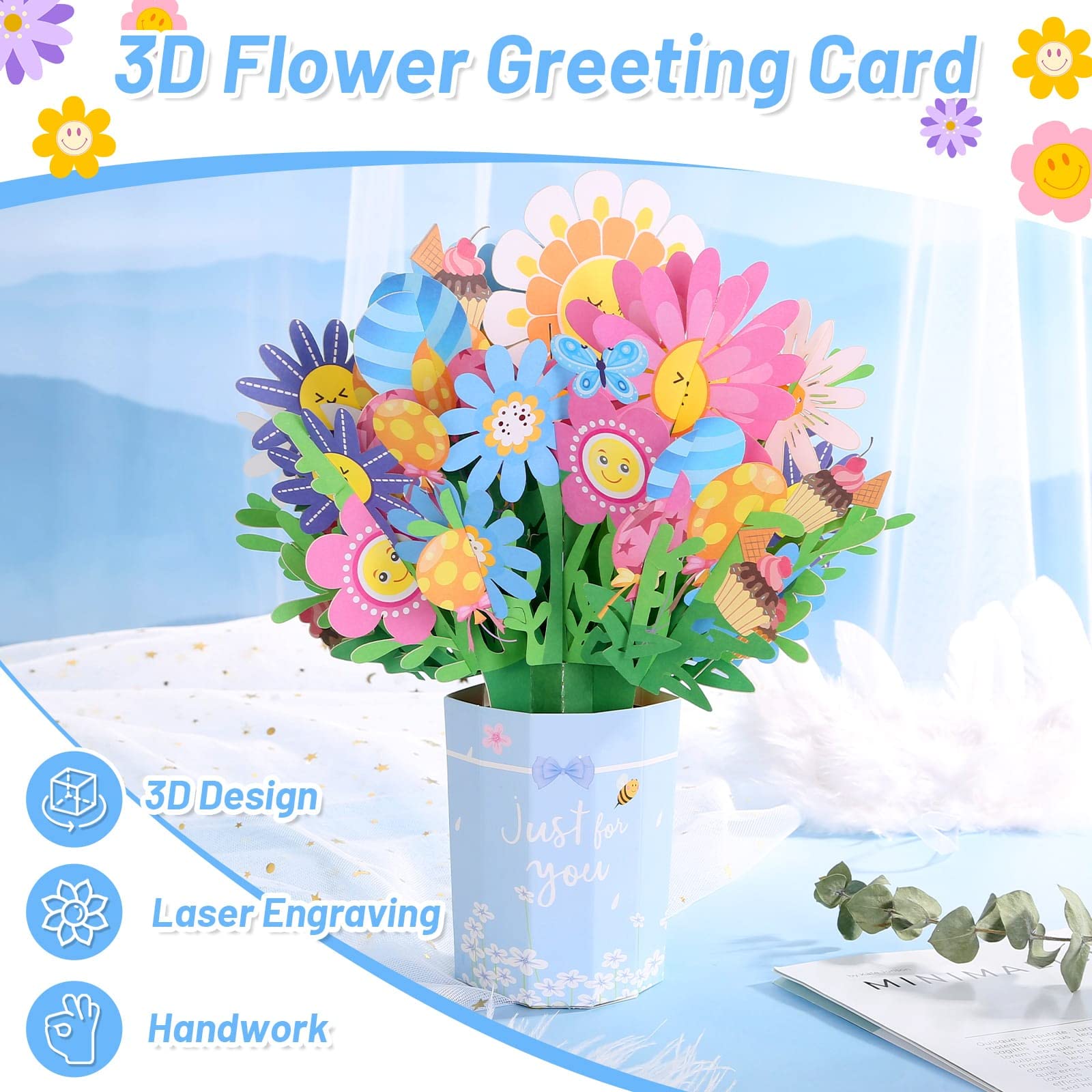 shynek Mother's Day Bouquet Pop Up Cards from Daughter and Son, 3D Flower Card Kids First Mothers Day Greeting Card Mom Birthday Card Women All Occasion Card Envelope and Blank Note Tag