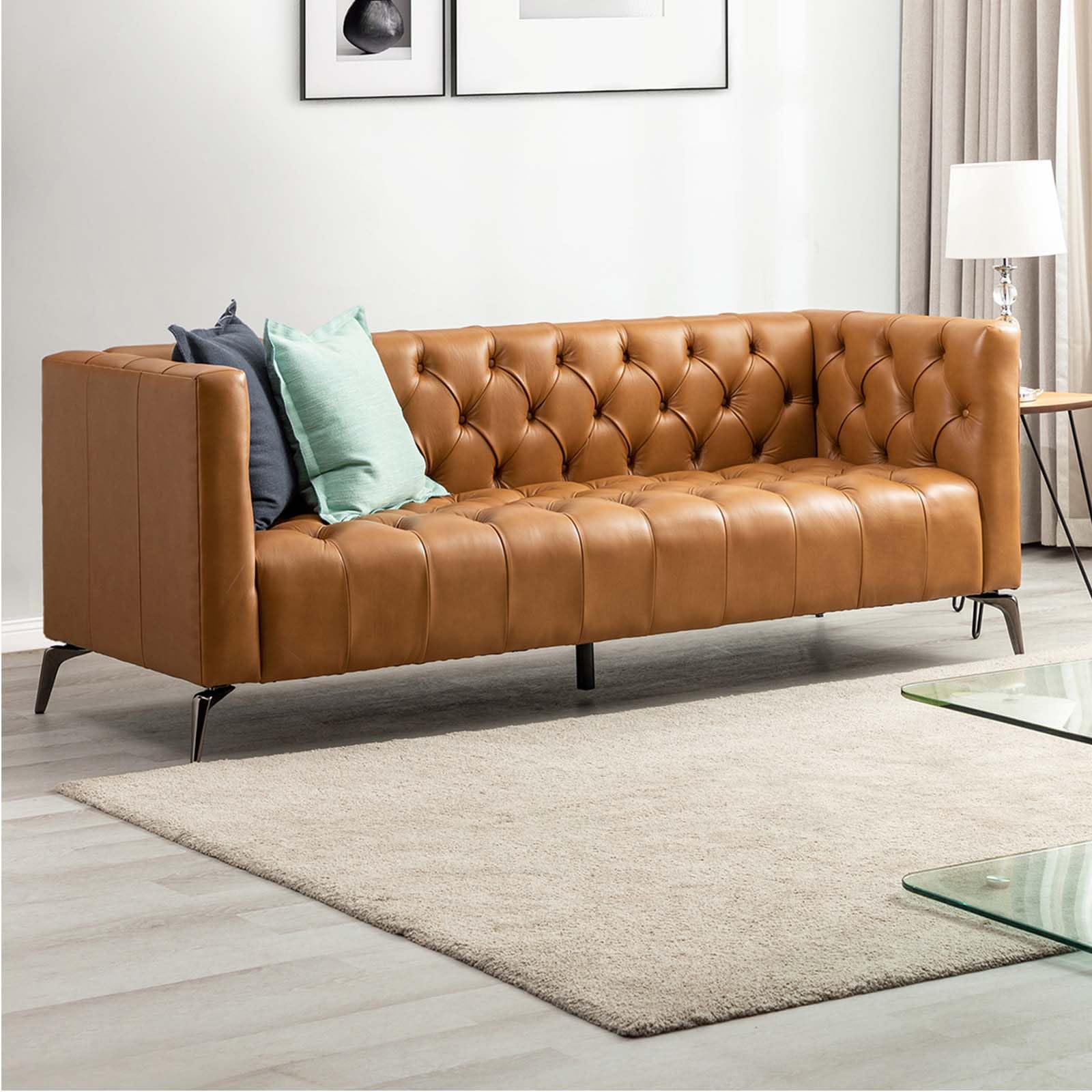 HULALA HOME 85" W Genuine Leather Sofa Couch with Metal Legs, Button-Tufted 3-Seater Sofa with Square Arms, Mid Century Modern Upholstered Couch for Living Room, Bedroom, Apartment, Camel