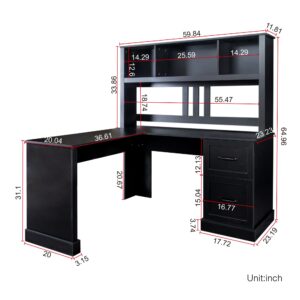 Holaki L Shaped Desk,Computer Desk with Drawers,Bookshelf & Hutch,Modern Corner Desk,Home Office Desk,L-Shaped Study Table Writing Desk,Corner Gaming Computer Desk with Storage(Black)