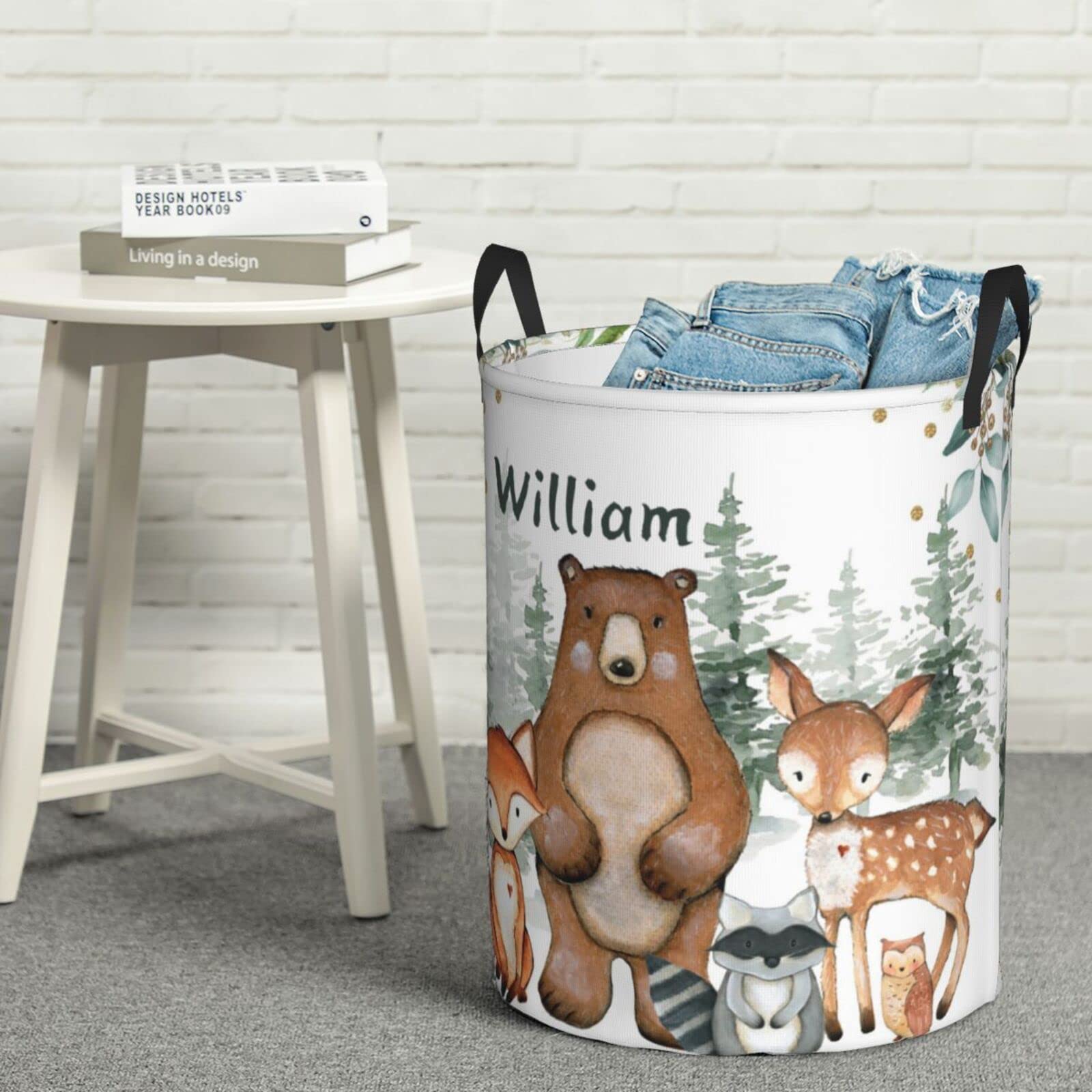 Woodland Animals Personalized Laundry Basket Name Clothes Hamper with Handles Waterproof Laundry Storage Baskets for Bedroom Bathroom Decor.