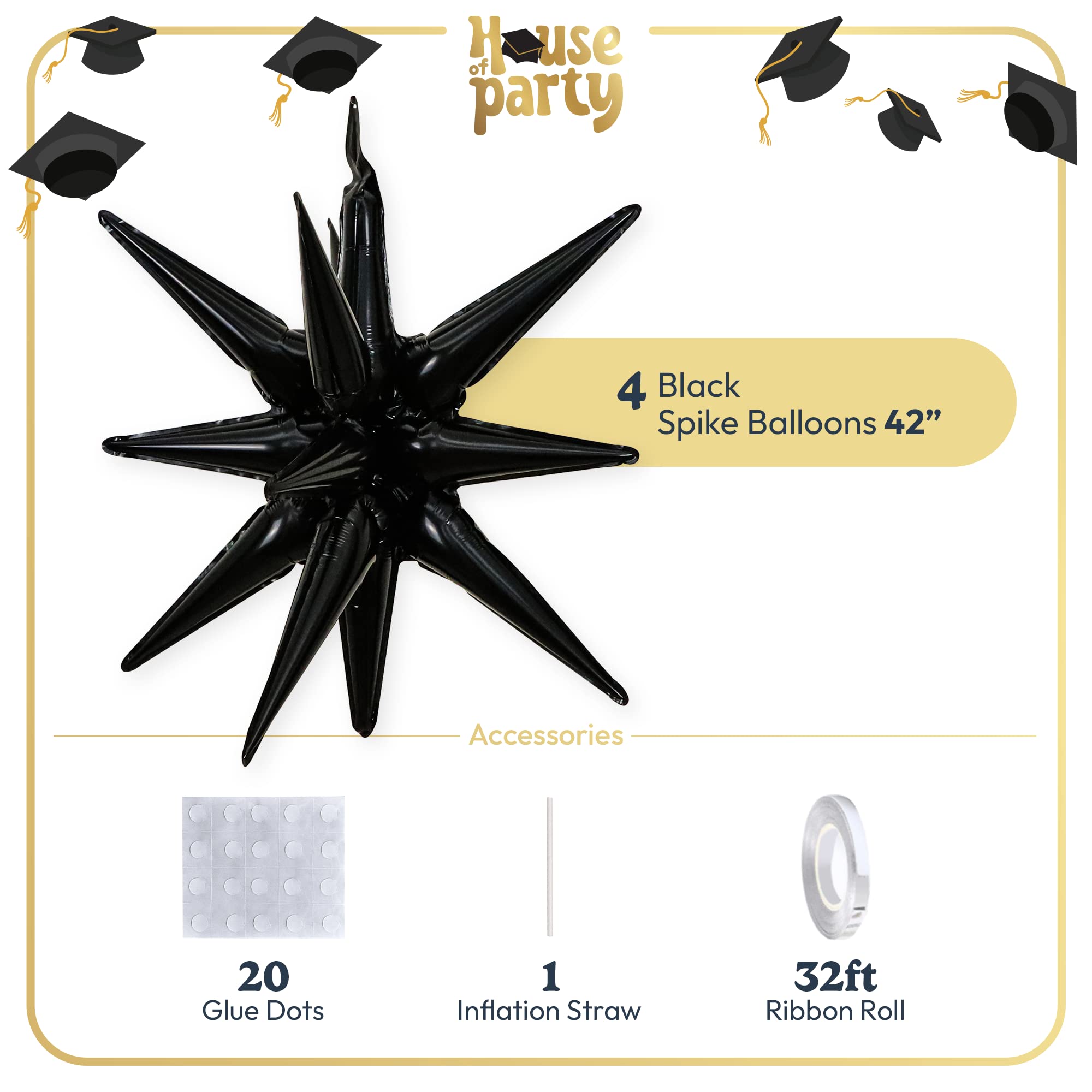 HOUSE OF PARTY Black Star Balloon 4 Pcs - Foil Star Balloons Metallic Shine | Star Mylar Spike Balloons for Graduation Decorations, Birthday & Bachelorette Party Supplies