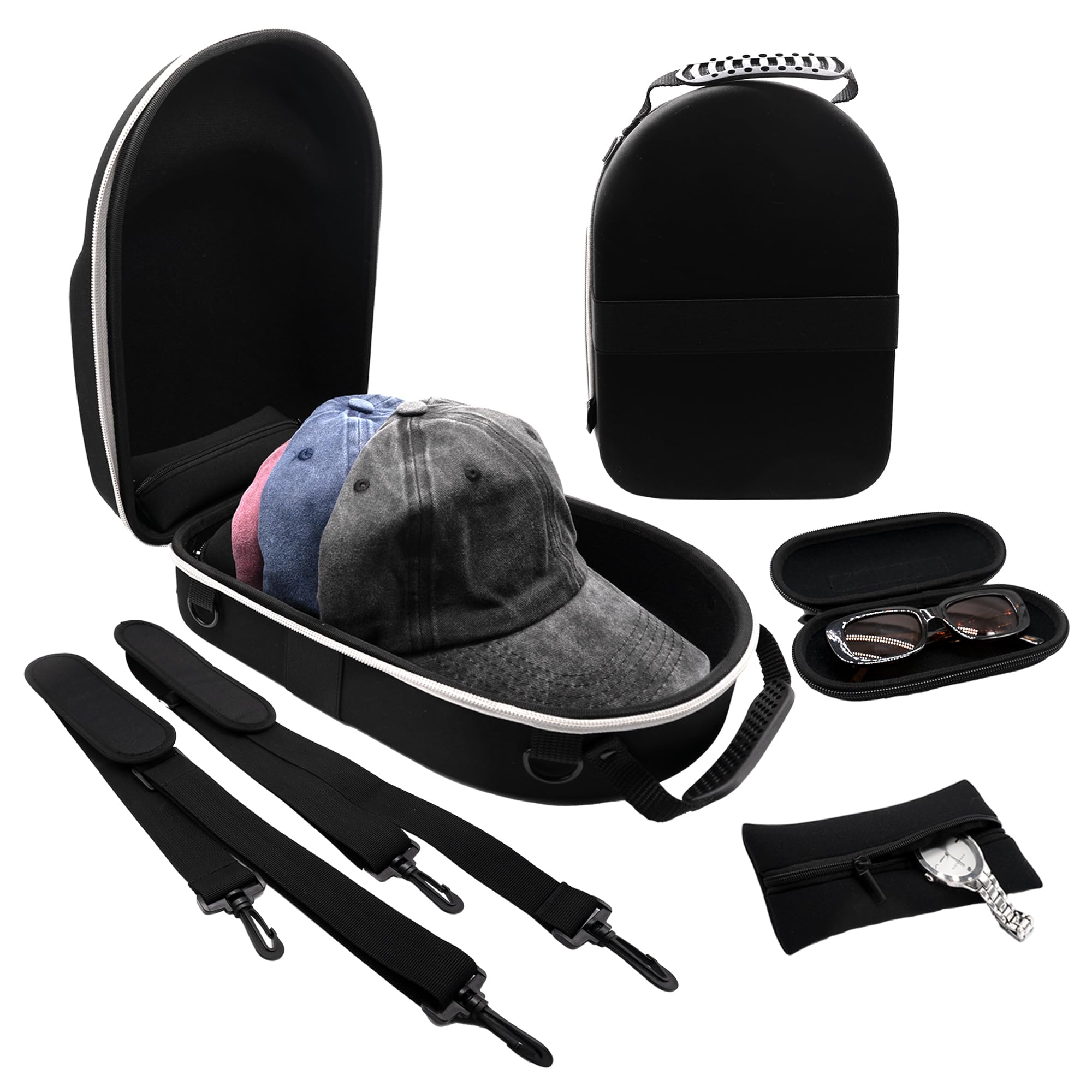 MyGo2 Hat Travel Hard Case | Storage bag for Hats, Hat Carrier Box for Baseball Caps | Hat Organizer Case with Adjustable Shoulder Straps, Detachable Jewelry Case and Detachable Sunglasses Case