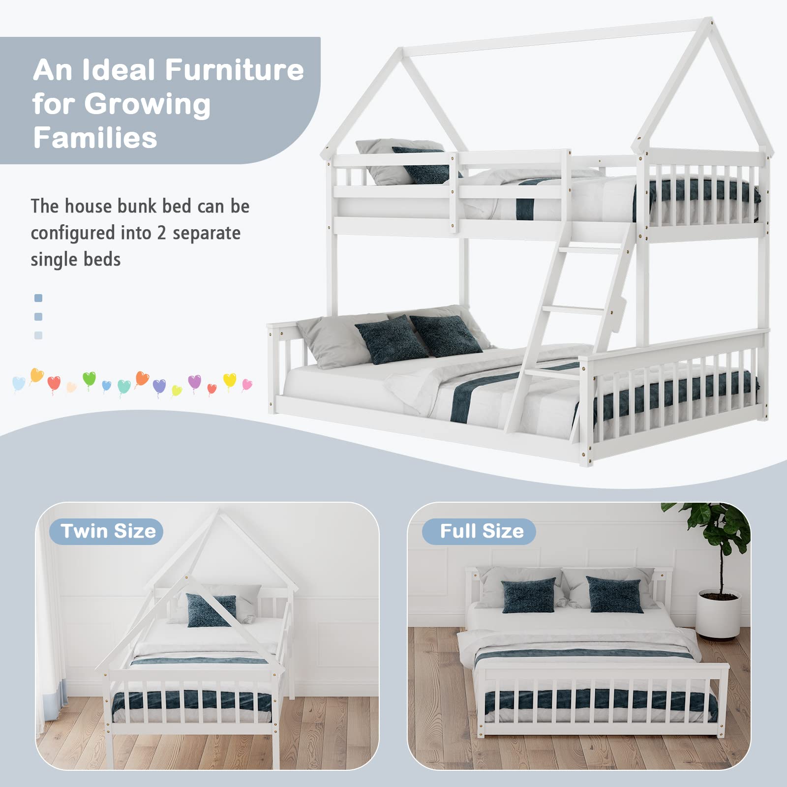 Giantex Wood Twin Over Full Bunk Bed, Solid Wood House Bed Frame Built in Ladder & Safety Guardrails, Convertible to 2 Beds, Floor Bunk Bed for Kids Teens Juniors, No Box Spring Needed, White