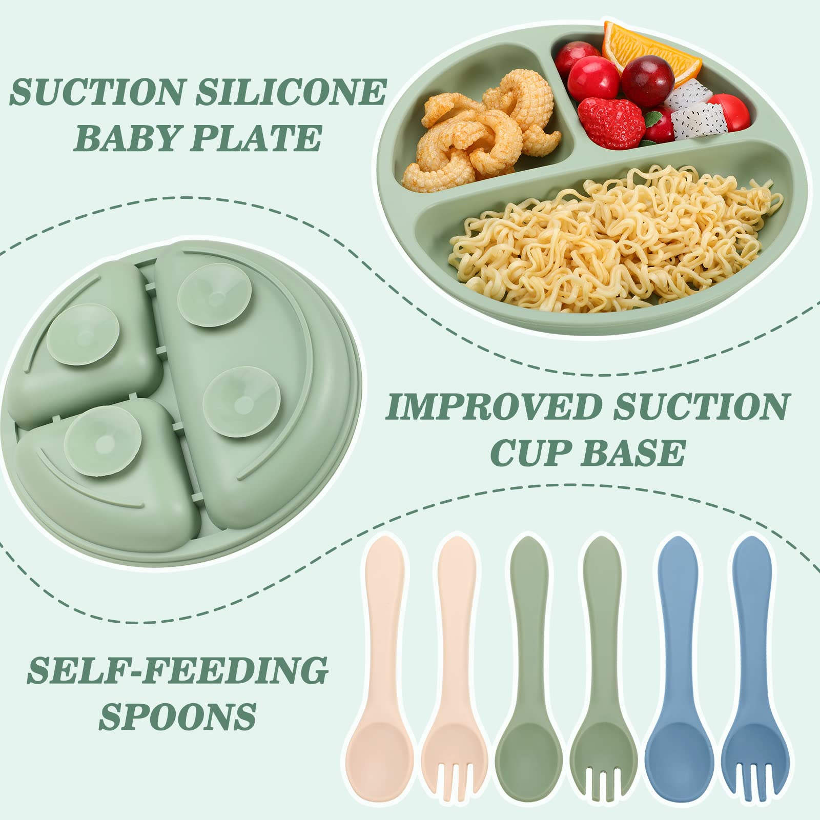 18 Pcs Silicone Baby Feeding Set Infant Dinnerware Adjustable Silicone Toddler Bibs Baby Plates and Bowls Set Suction Bowls Divided Plates Spoons Fork Cups Utensils (Gray Blue, Navy Green, Beige)