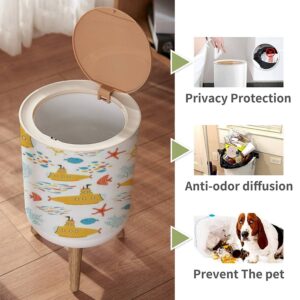 Small Trash Can with Lid for Bathroom Kitchen Office Diaper Kids sea seamless yellow submarine fish cartoon style Cute texture for Bedroom Garbage Trash Bin Dog Proof Waste Basket Cute Decorative