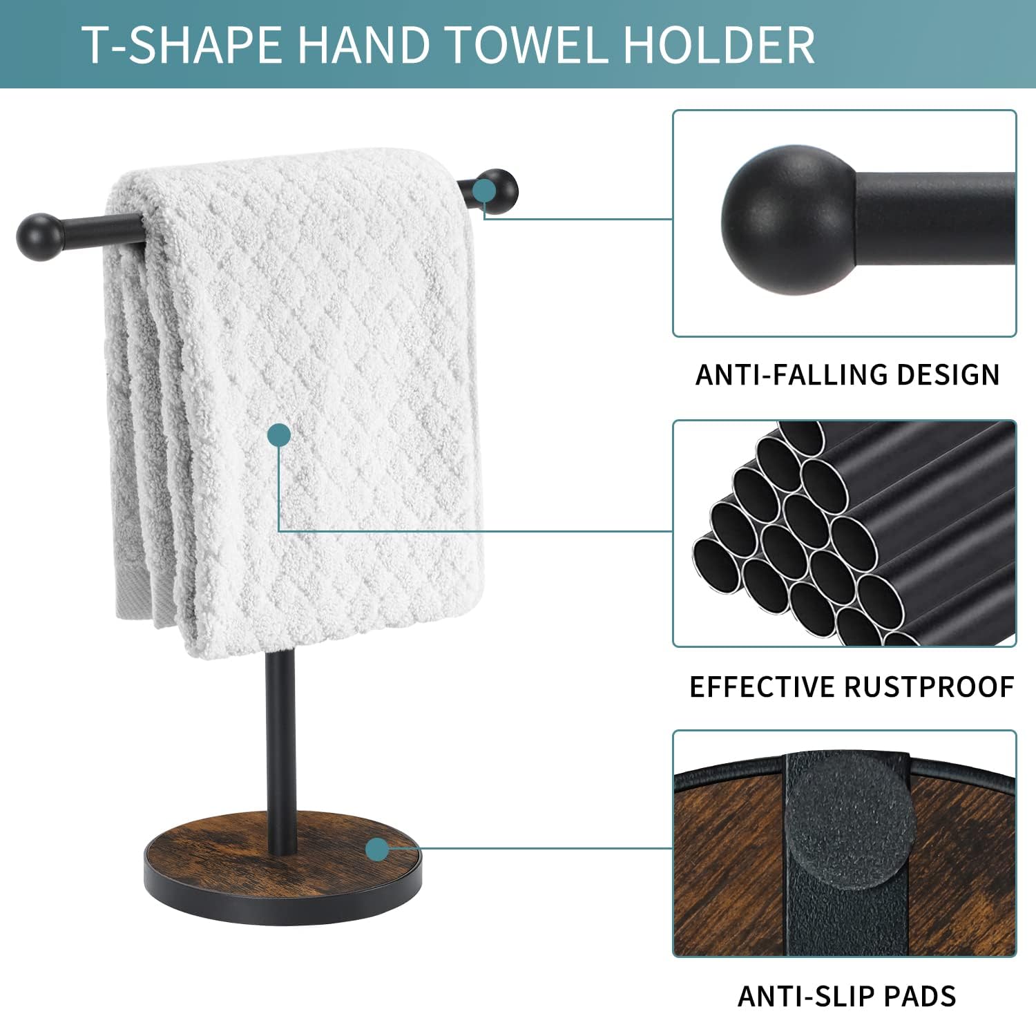 YINMIT Hand Towel Holder Stand, Matte Black T-Shape Free Standing Hand Towel Holder for Bathroom with Heavy Base, Height 15” Wood Countertop Towel Holder for Bathroom Kitchen Countertop Vanity