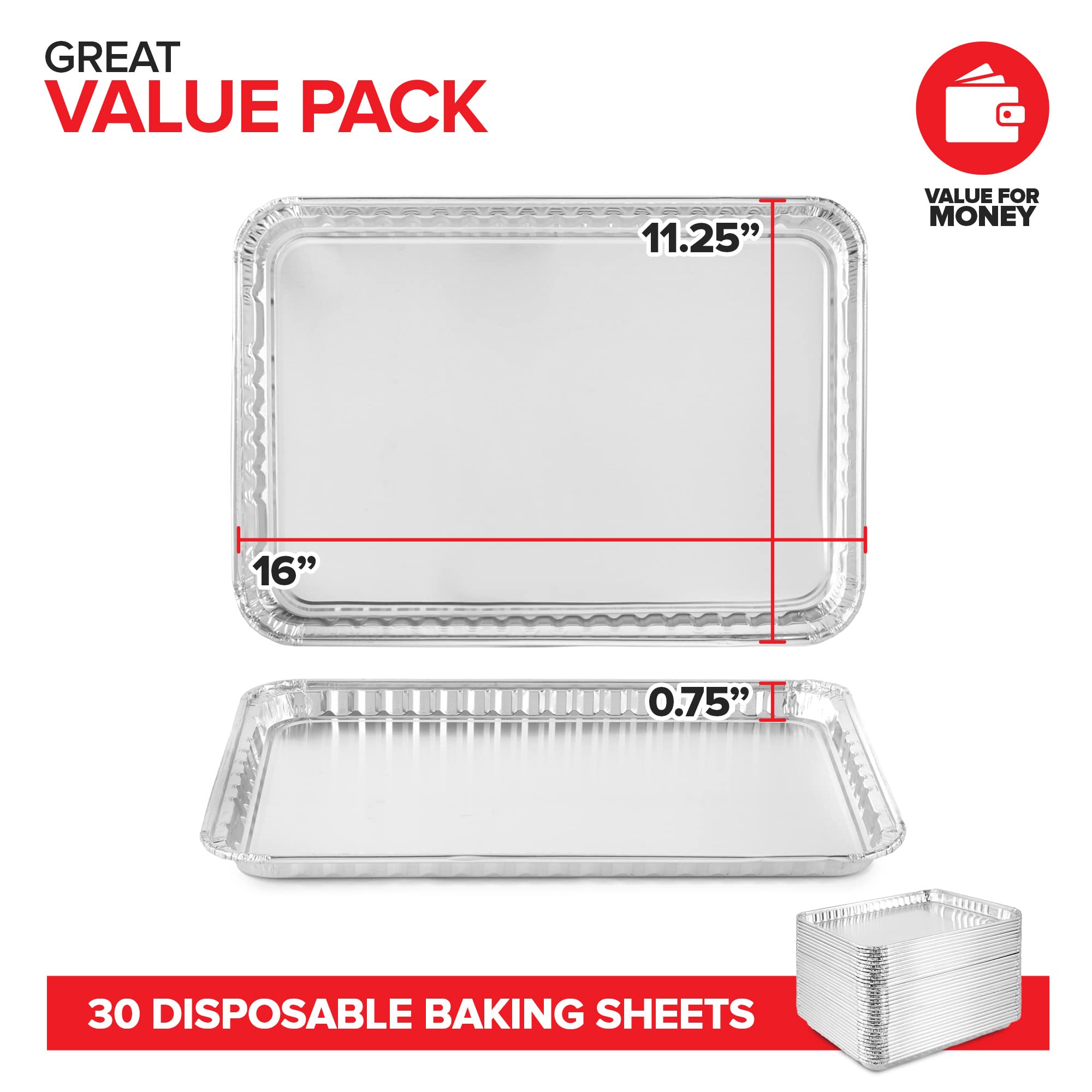 Stock Your Home Disposable Cookie Sheets for Baking (30-Pack) Aluminum Trays, Foil Pans, Shallow Sheet Pan for Cooking Thin Crust Pizza, Brownie Tins, Oven Liners