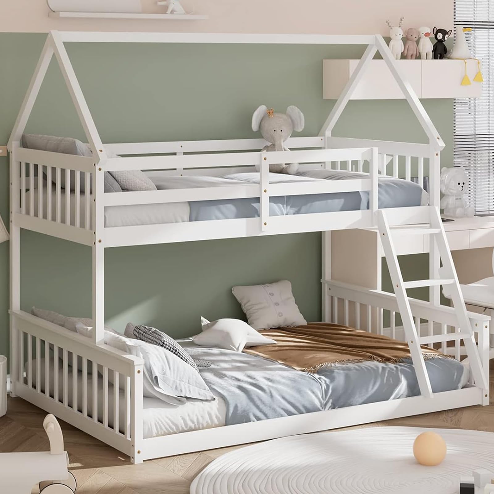 Giantex Wood Twin Over Full Bunk Bed, Solid Wood House Bed Frame Built in Ladder & Safety Guardrails, Convertible to 2 Beds, Floor Bunk Bed for Kids Teens Juniors, No Box Spring Needed, White