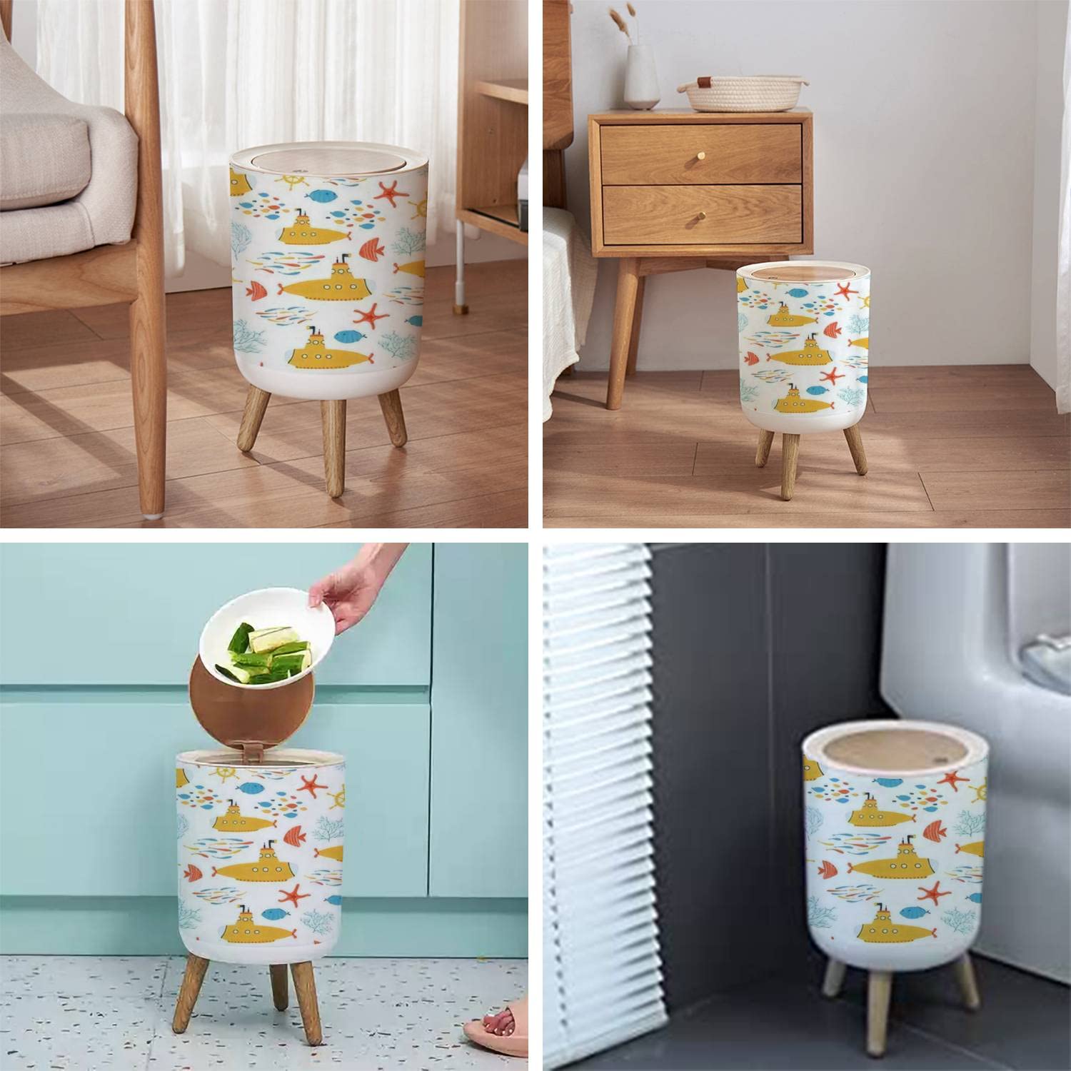 Small Trash Can with Lid for Bathroom Kitchen Office Diaper Kids sea seamless yellow submarine fish cartoon style Cute texture for Bedroom Garbage Trash Bin Dog Proof Waste Basket Cute Decorative