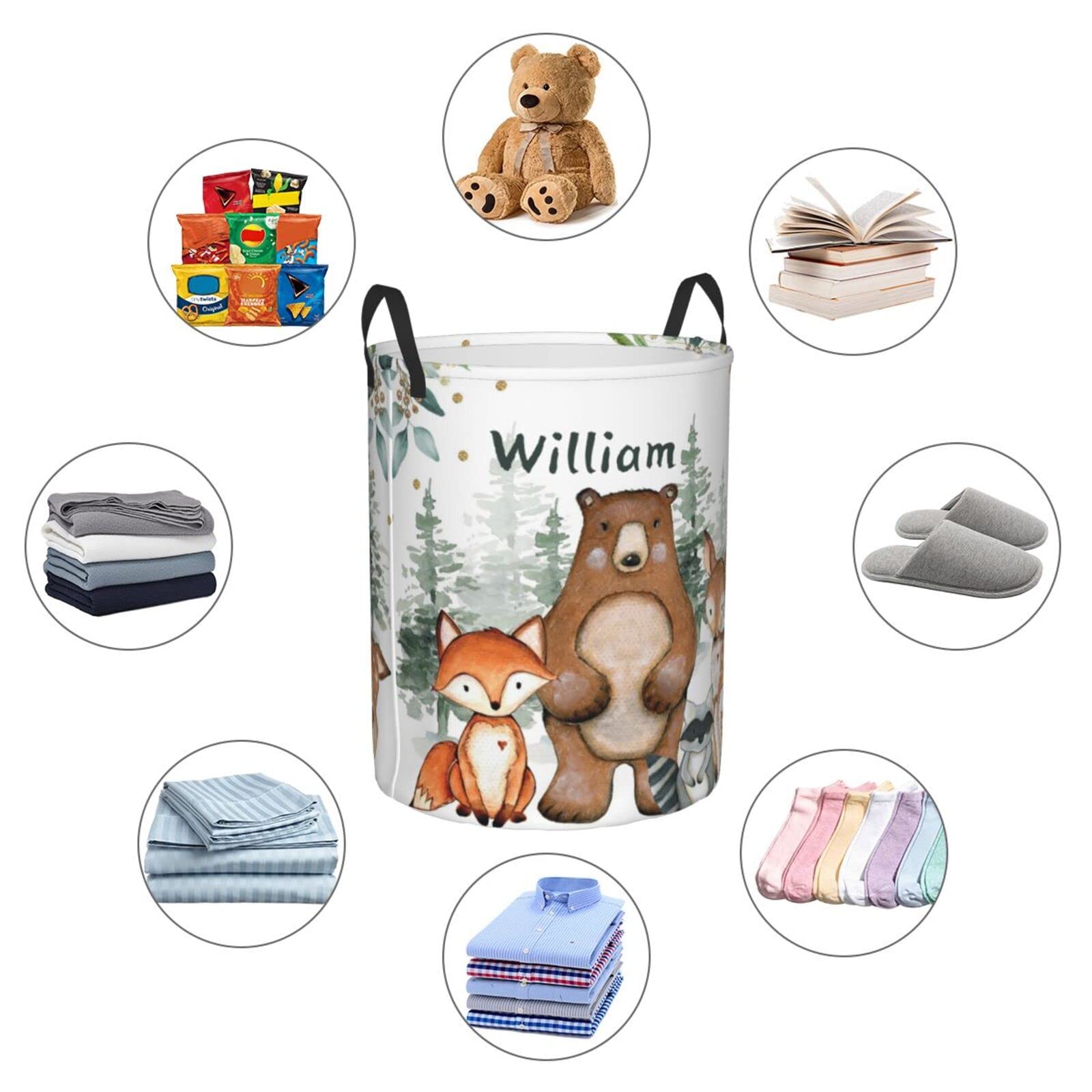 Woodland Animals Personalized Laundry Basket Name Clothes Hamper with Handles Waterproof Laundry Storage Baskets for Bedroom Bathroom Decor.