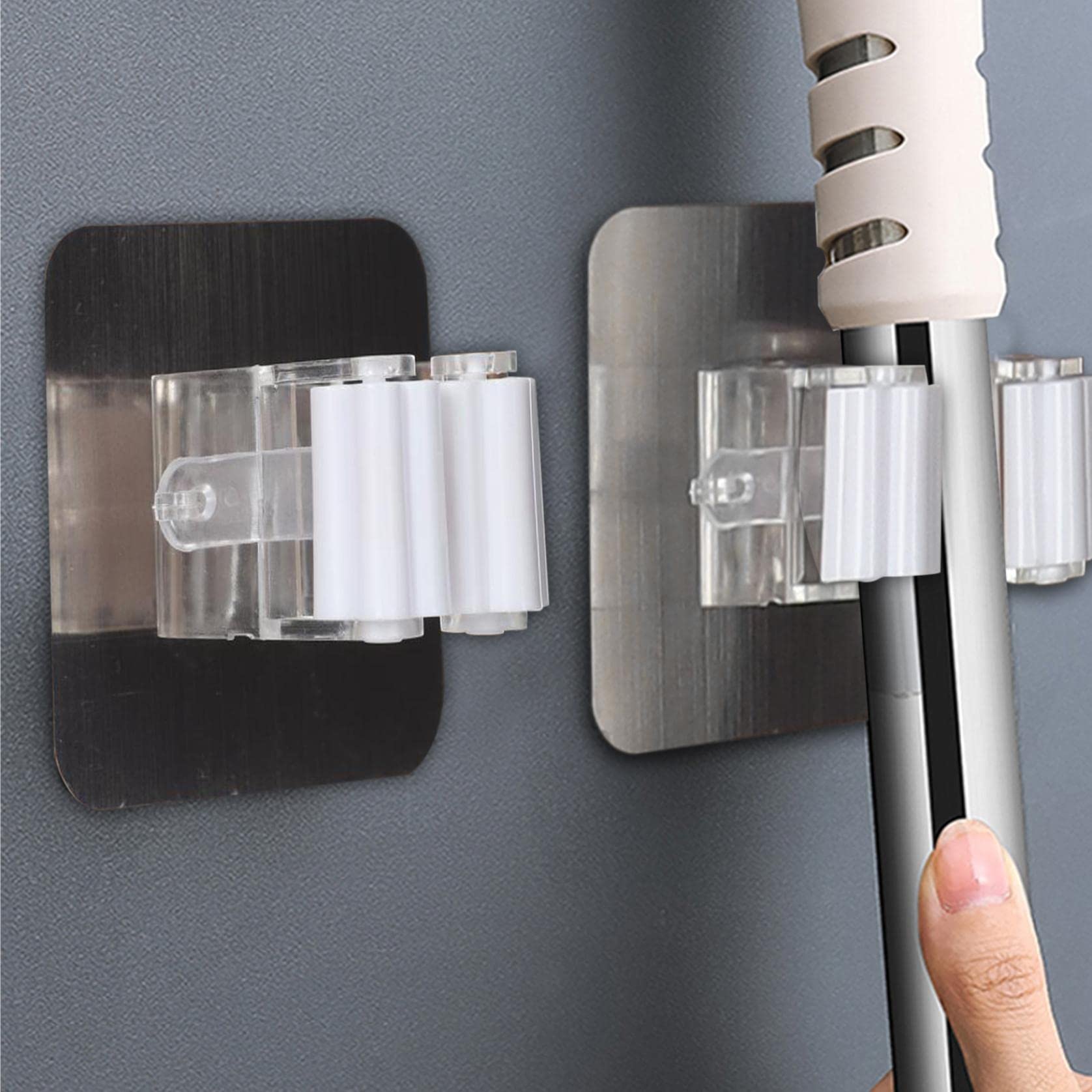 4PCS Mop Broom Holder No Drill Stainless Steel, Mop Broom Organizer Wall Mounted Heavy Duty with Hooks Hanger, Storage Rack Self Adhesive for Bathroom, Kitchen, Office (White)